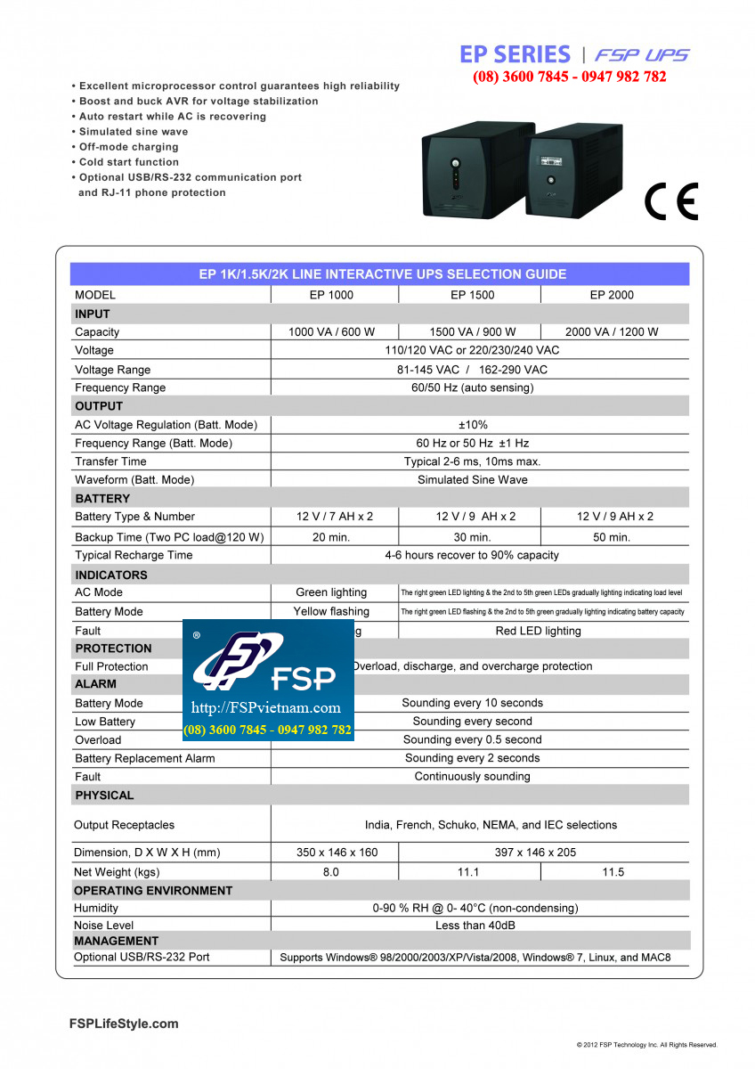 Thông số kỹ thuật bộ lưu điện FSP ep 1k, ep 1,5k,ep 2k ep 1000, ep 1500, ep 2000, ups 1k, ups 1,5k, ups 2k, fsp 1k, fsp 1,5k, fsp 2k